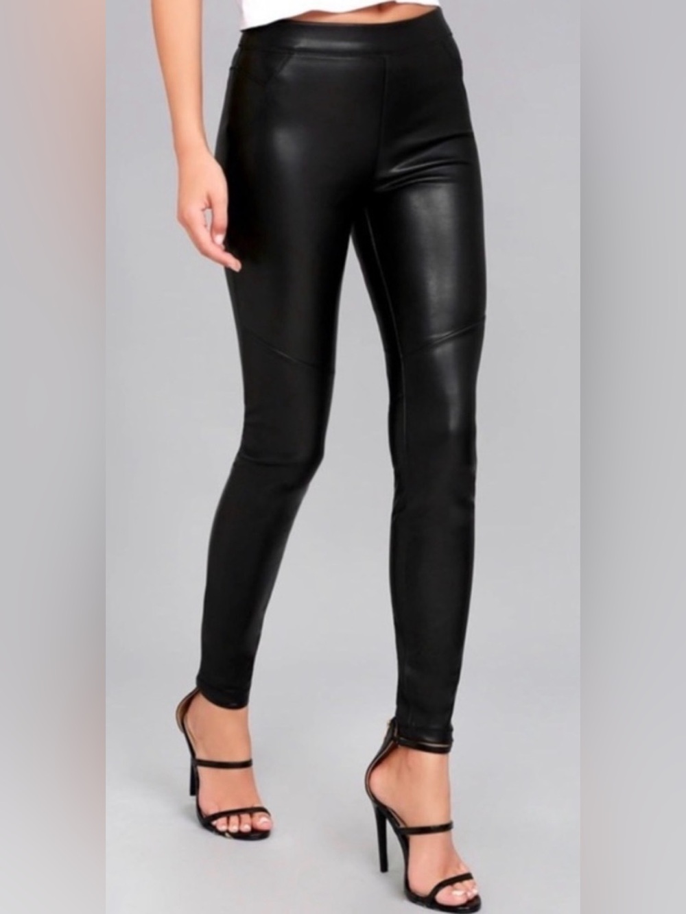 Free People Anthropologie Black Faux Leather Glossy Leggings Moto Detail Size 29